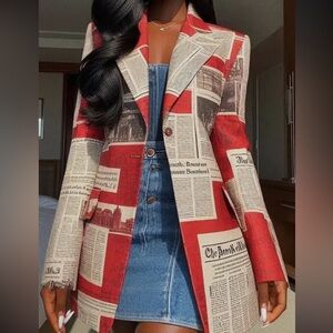 Stylish Red Newspaper Print Women's Blazer